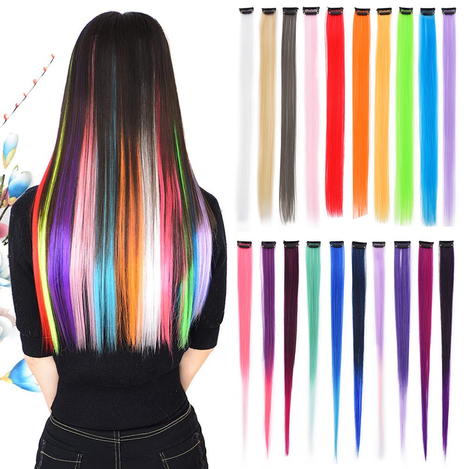 Colorful Clip In One Piece Synthetic Hair Extension Ombre Highlight Hair Extensions Long Straight Fake Hair Reshowbeauty