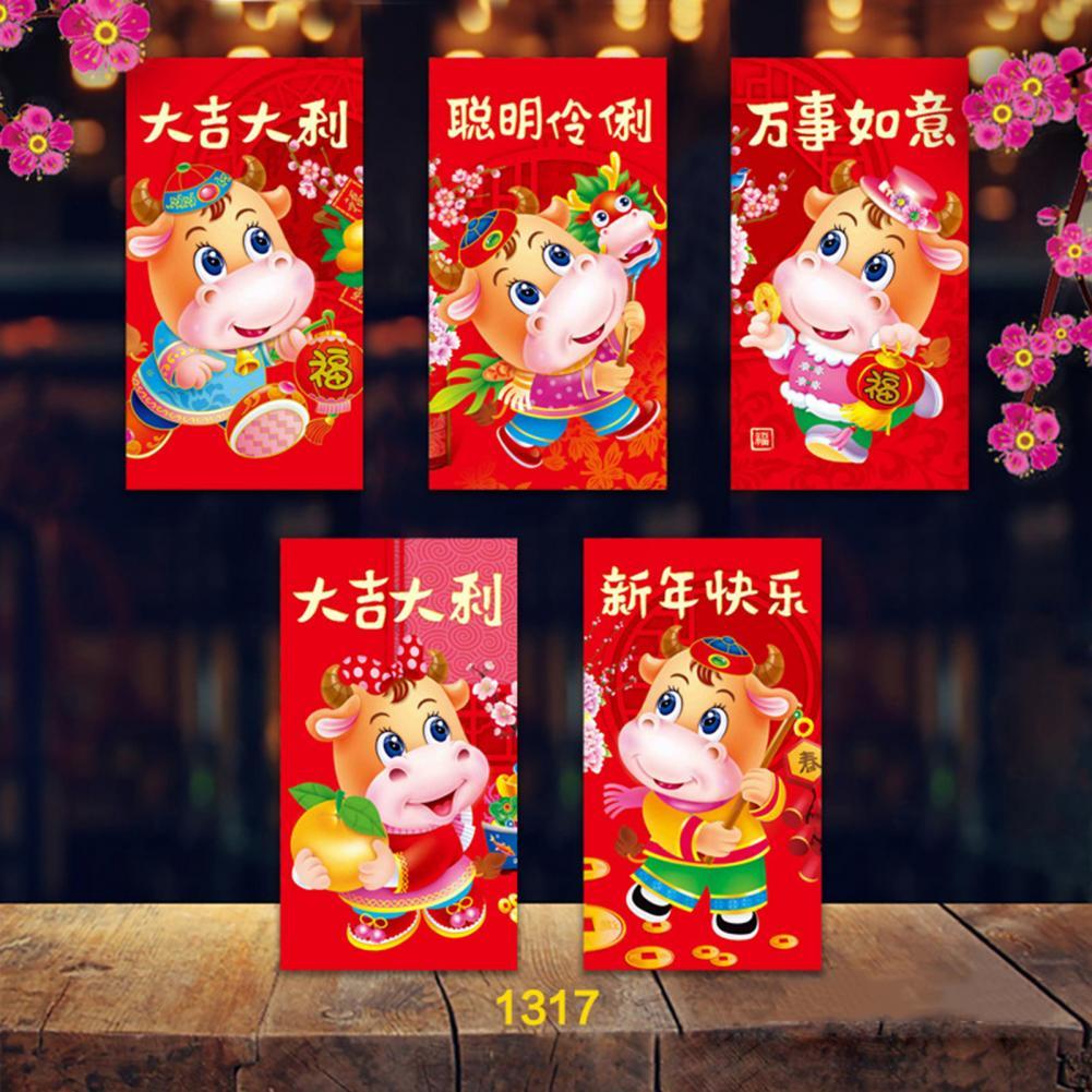 5Pcs 2021 Chinese New Year Cattle Thicken Red Envelopes Lucky Money Bag Gift