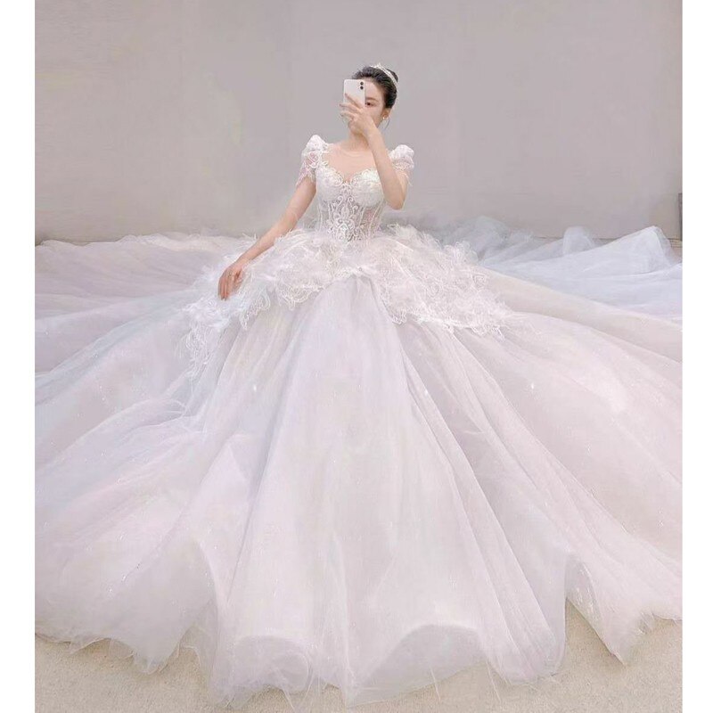 Luxury Beaded Wedding Dress 2021 Lace Appliques Princess Ball Gown Bride Customized Puffy Skirt Vestido De Noiva