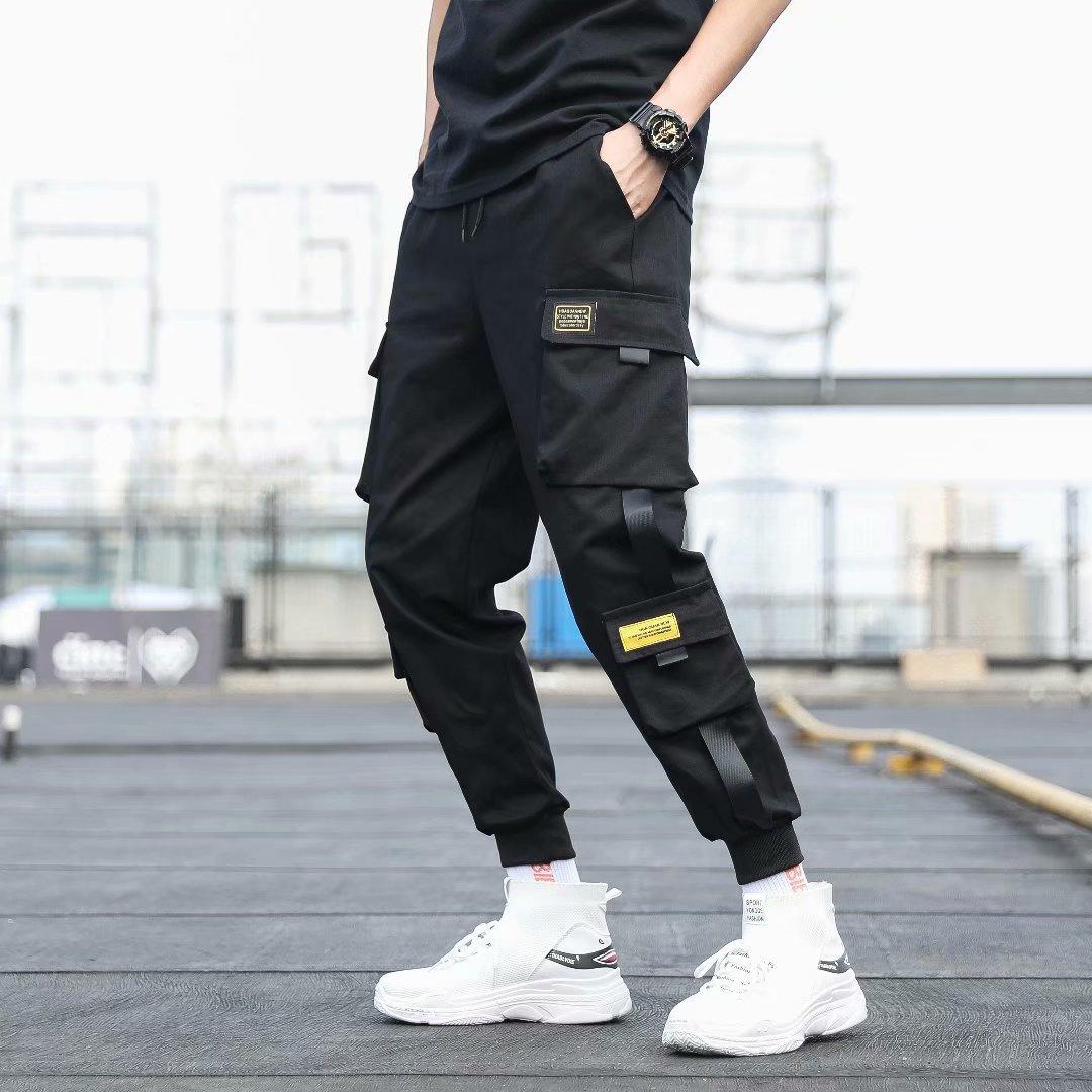 Men's Side Pockets Cargo Harem Pants 2021 Ribbons Black Hip Hop Casual Male Joggers Trousers Fashion Casual Streetwear Pants