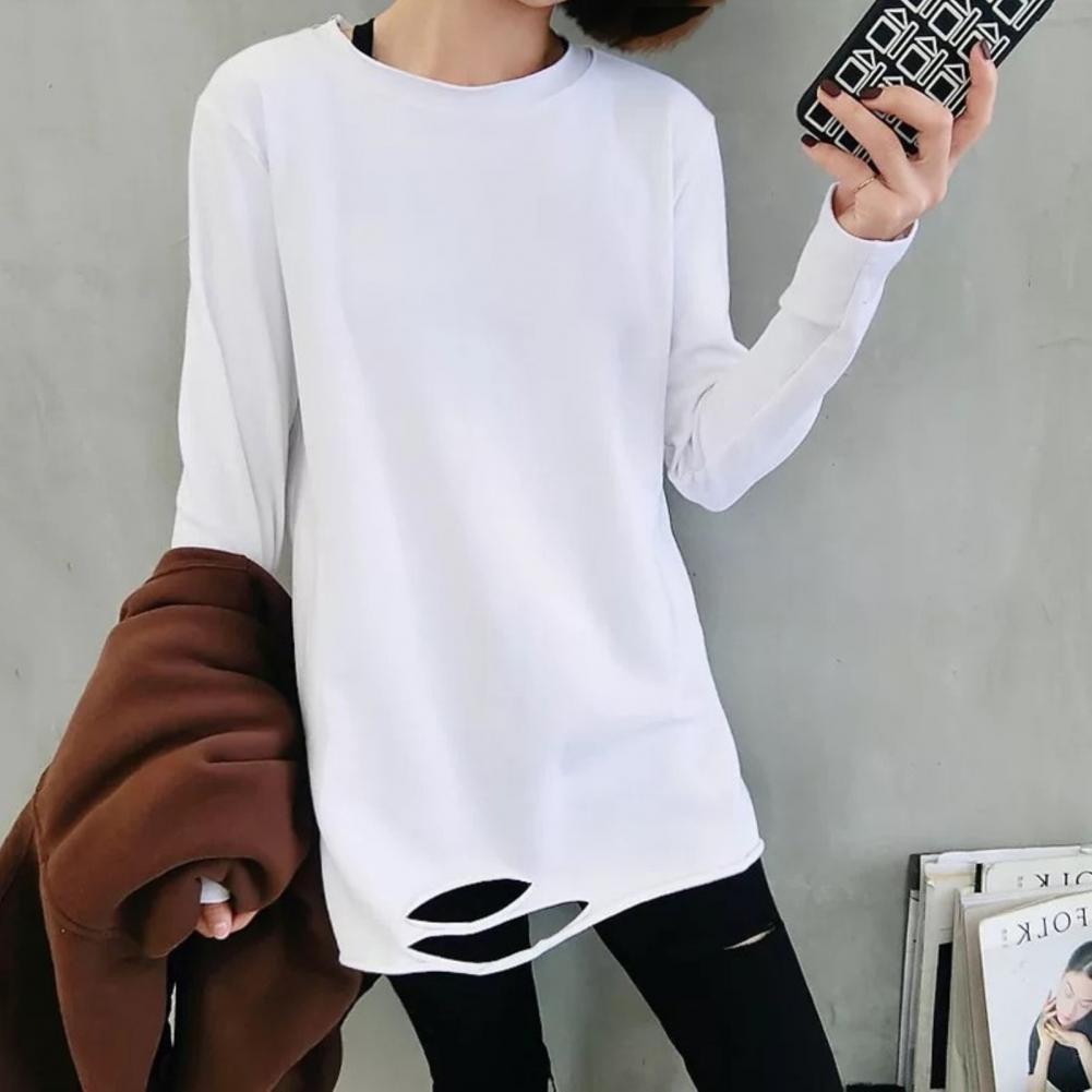 Women Tshirt Spring Autumn White Long Sleeve O Neck Solid Color Ripped Hole Loose Female T-shirt Woman Clothing