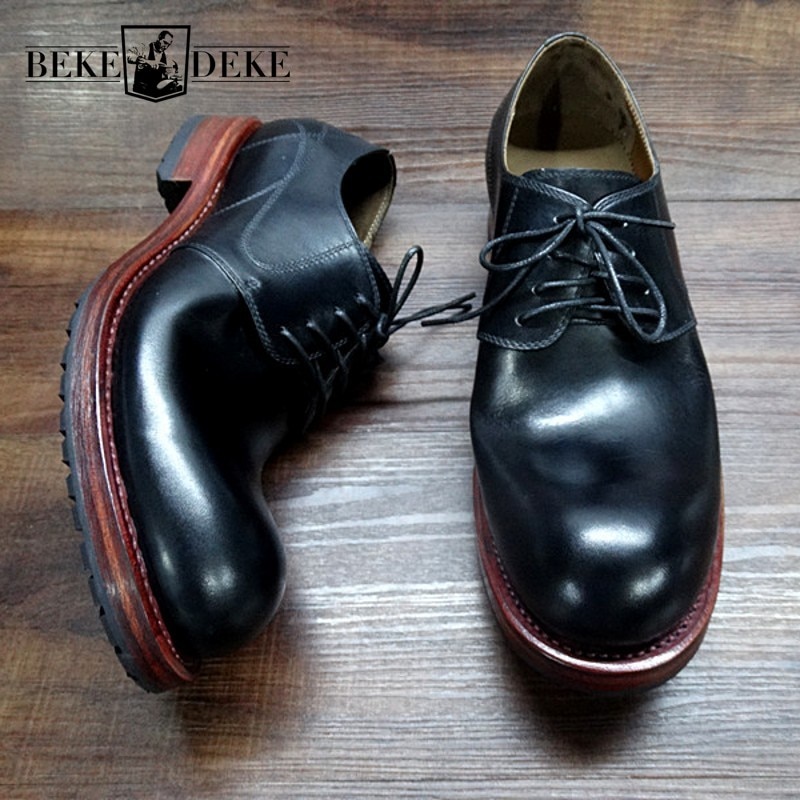 Luxury Round Toe Italian Real Leather Shoes Men Handmade Retro Lace Up Work Shoes High Quality Cowhide Outdoor Casual Shoes