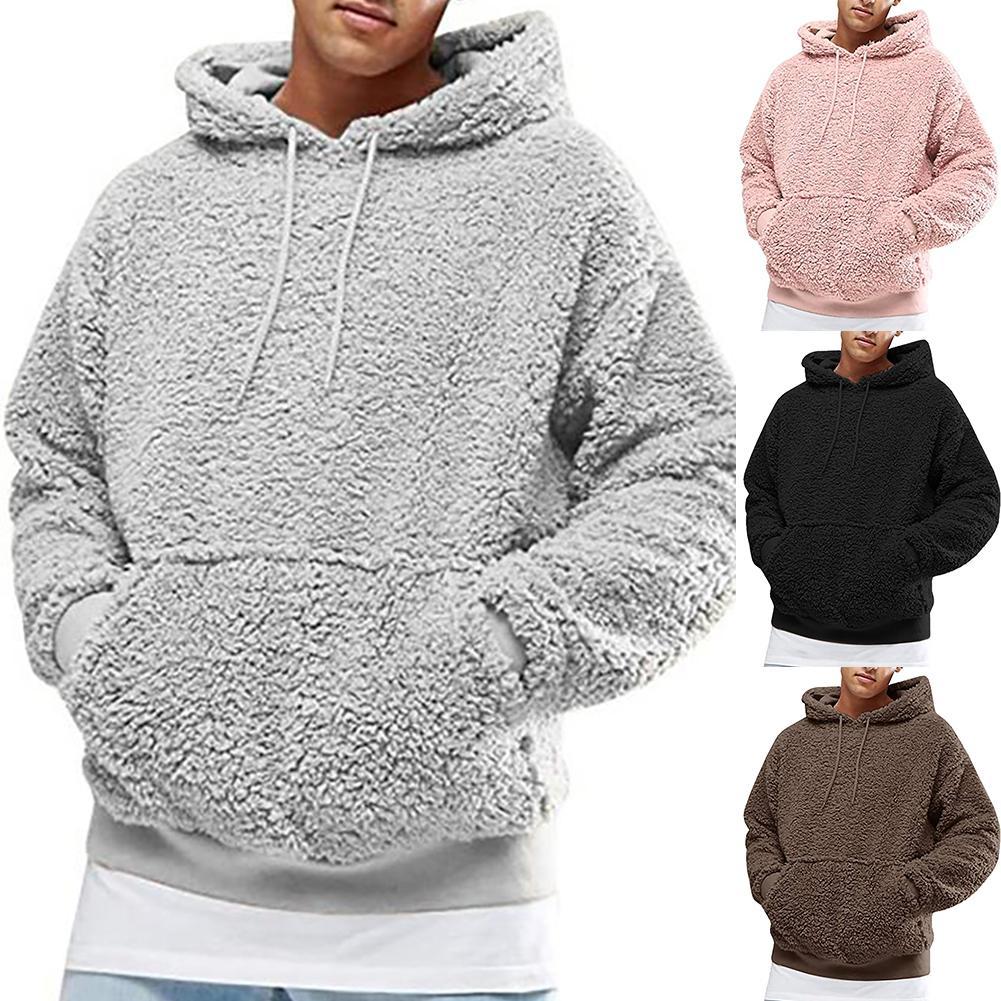 Loose Pullovers Men Autumn Winter Solid Color Thick Plush Faux Fleece Sweatshirt Hoodie Outwear Men's Clothing мужская одежда