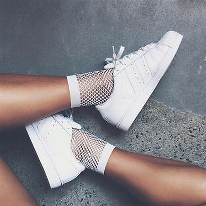 Streetwear Breathable Casual Fishnet Socks Women White Sexy Hollow Nets Ladies Sweet Mesh Lace Socks Ankle-High Fashion Hot