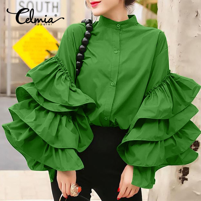 Celmia Stylish Big Flare Sleeve Shirts Women Ruffled Shirt 2021 Autumn Casual Long Sleeve O-Neck Buttons Elegant Blusas Tops 5XL