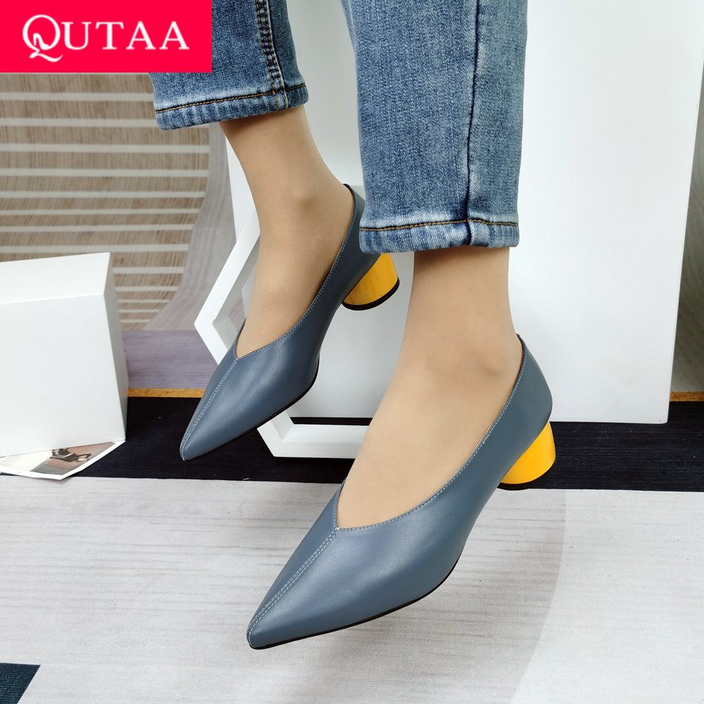 QUTAA 2021 Pointed Toe Soft Genuine Leather Women Pumps Shoes Spring Summer Basic Female Fashion Comfortable Med Heels Size34-43