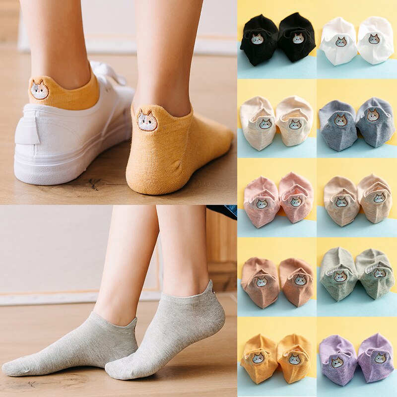 Embroidery Harajuku Kawaii Cat Cotton Women Socks Boat Colorful Female Shallow Mouth Short Heel Socks Ankle Sock For Girls Daily