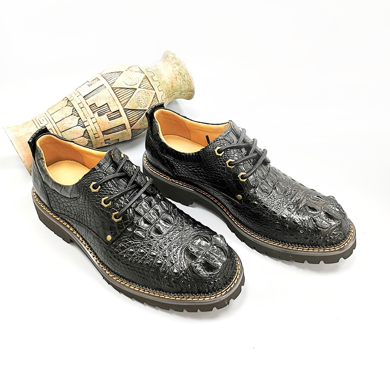 Business Casual Style Authentic Real True Crocodile Skin Men's Dress Shoes Genuine Alligator Leather Male Lace-up Leisure Flats