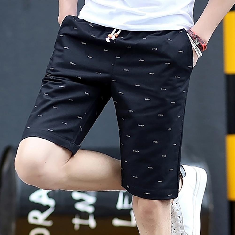 Men Shorts Casual Loose Fishbone Print Drawstring Pockets Cotton Beach Shorts Fifth Pants Short Pants 5 Colors Plus Size