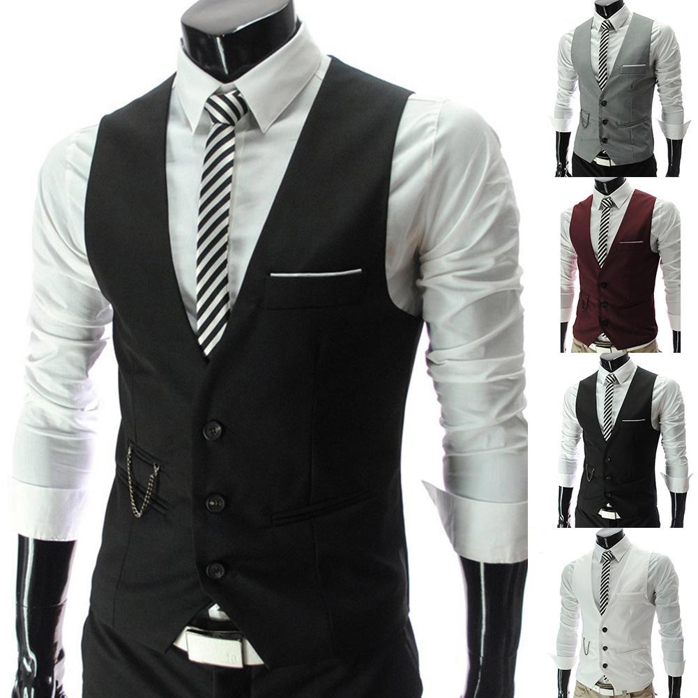 Fashion Men Jacket Waistcoat Suit Vest Groomsmen Business Waistcoat Solid Color V Neck Sleeveless Button Pocket Blazer Waistcoat