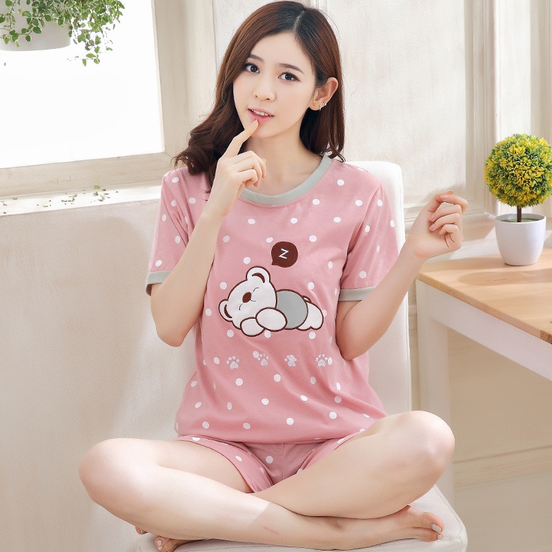 Women Cute Sleepwear 2PCS Shirt&Shorts Pajamas Set Print Nightwear Cartoon Intimate Lingerie Pyjamas Casual Homewear