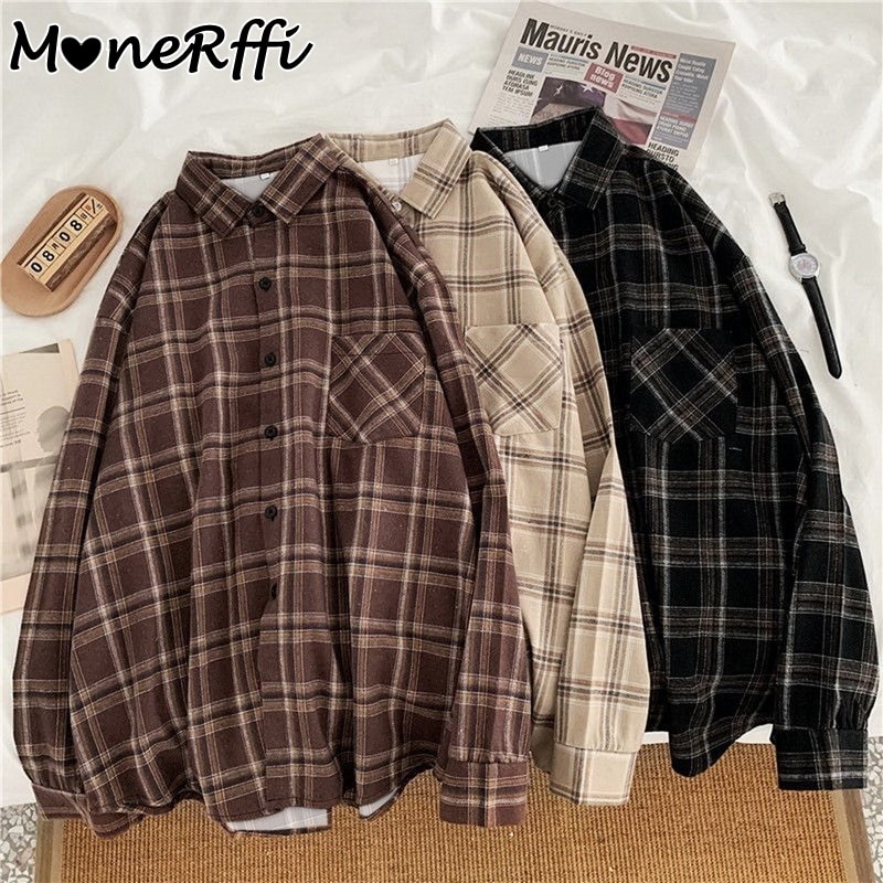 MoneRffi Female Spring Street Blouse Shirts Vintage Oversized Plaid Flannel Boyfriend Tunic Shirt For Women Casual Korean Tops