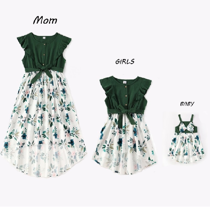 Irregular Mother Daughter Macthing Dresses Family Set Flower Mom Mum Baby Mommy and Me Clothes Fashion Women Girls Cotton Dress