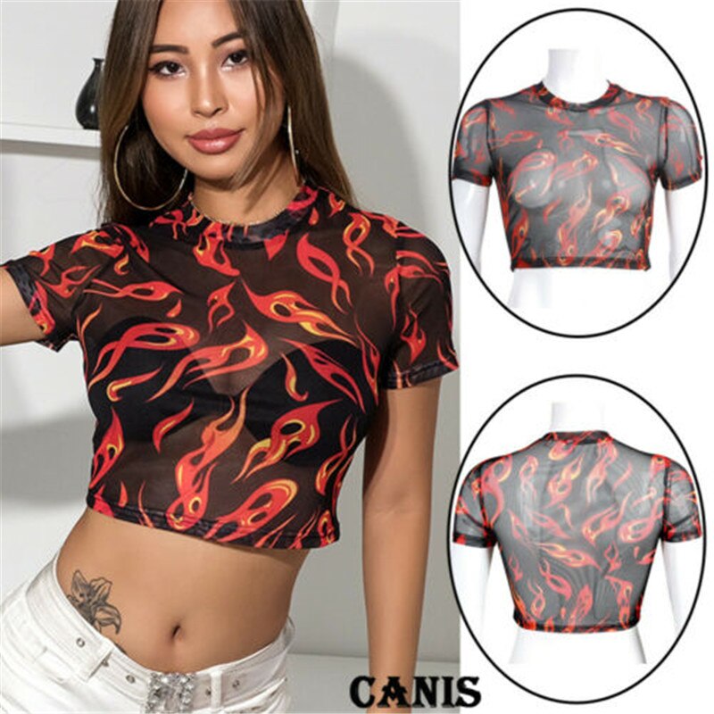 Womens Sheer Mesh Crop Top Ladies Girls Short Sleeve O Neck T Shirt Flame Print