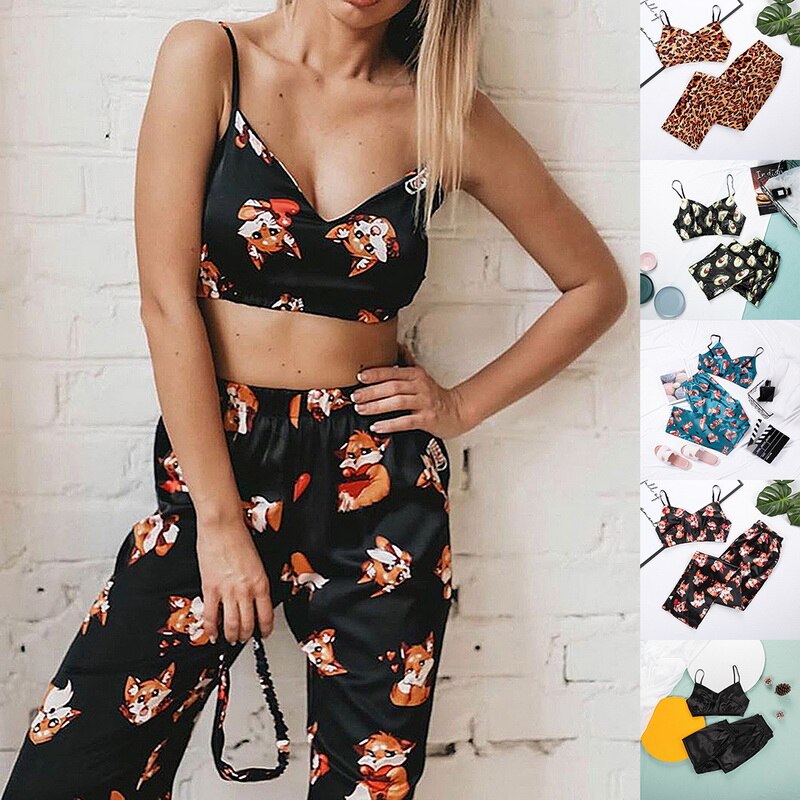 2021 Dropshipping Strap Fox Pajamas Print Summer Two Piece Set Top And Pants Sleepwear Satin Women V Neck Sexy Nightwear Pattern