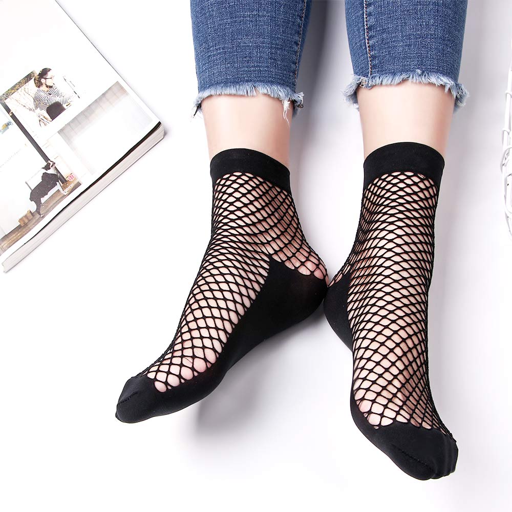 Women Fishnet Socks Sexy Grid Short Socks Black Thin Hollow Lattice Geometry Summer Breathable Net Socks Mesh