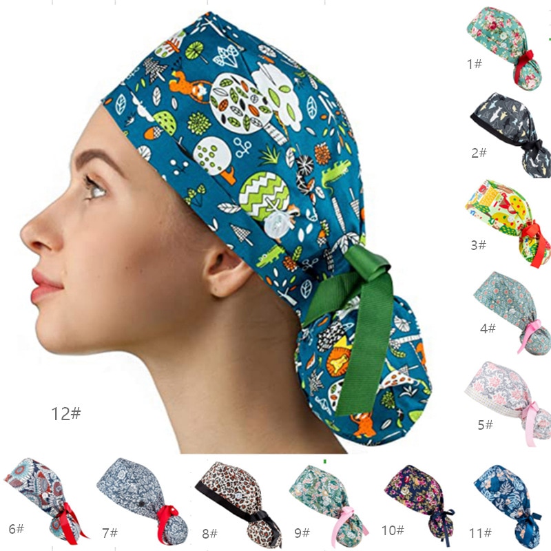 Unisex scrubs caps Adjustable cotton tooth printing hats High Quality adjustable sweat-absorbent Elastic multicolor scrubs hats