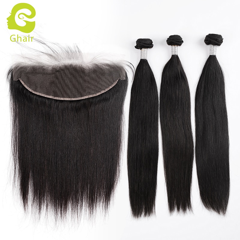 Straight Hair 3 Bundles with Real HD Lace Frontal Natural Black 10A+ Brazilian Virgin Human Hair with 13*4 HD Lace Frontal