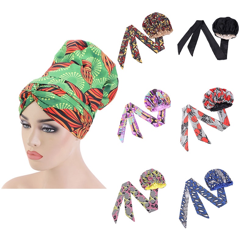 150PCS African Print Satin Bonnet With Long Ribbon Double Layer Headwrap Ankara Pattern Women Hair Cover Large Size Wrap Cap