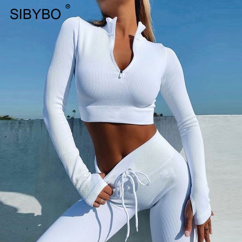 Sibybo Ribbed Athletic Sport Fitness Outfits Women Two Piece Set Long Sleeve Zip Crop Top Legging Pants Female Lace Up Tracksuit