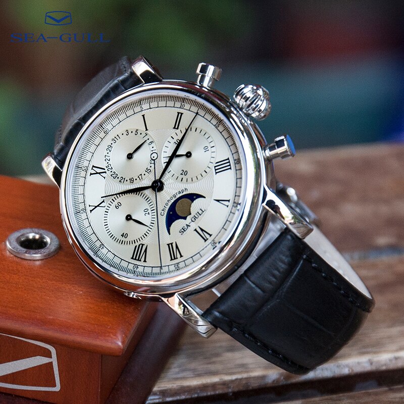 2020 New Seagull Watch Men's Sports Casual Chronograph Men's Multifunctional Belt Waterproof Moon Phase Mechanical Watch M199S