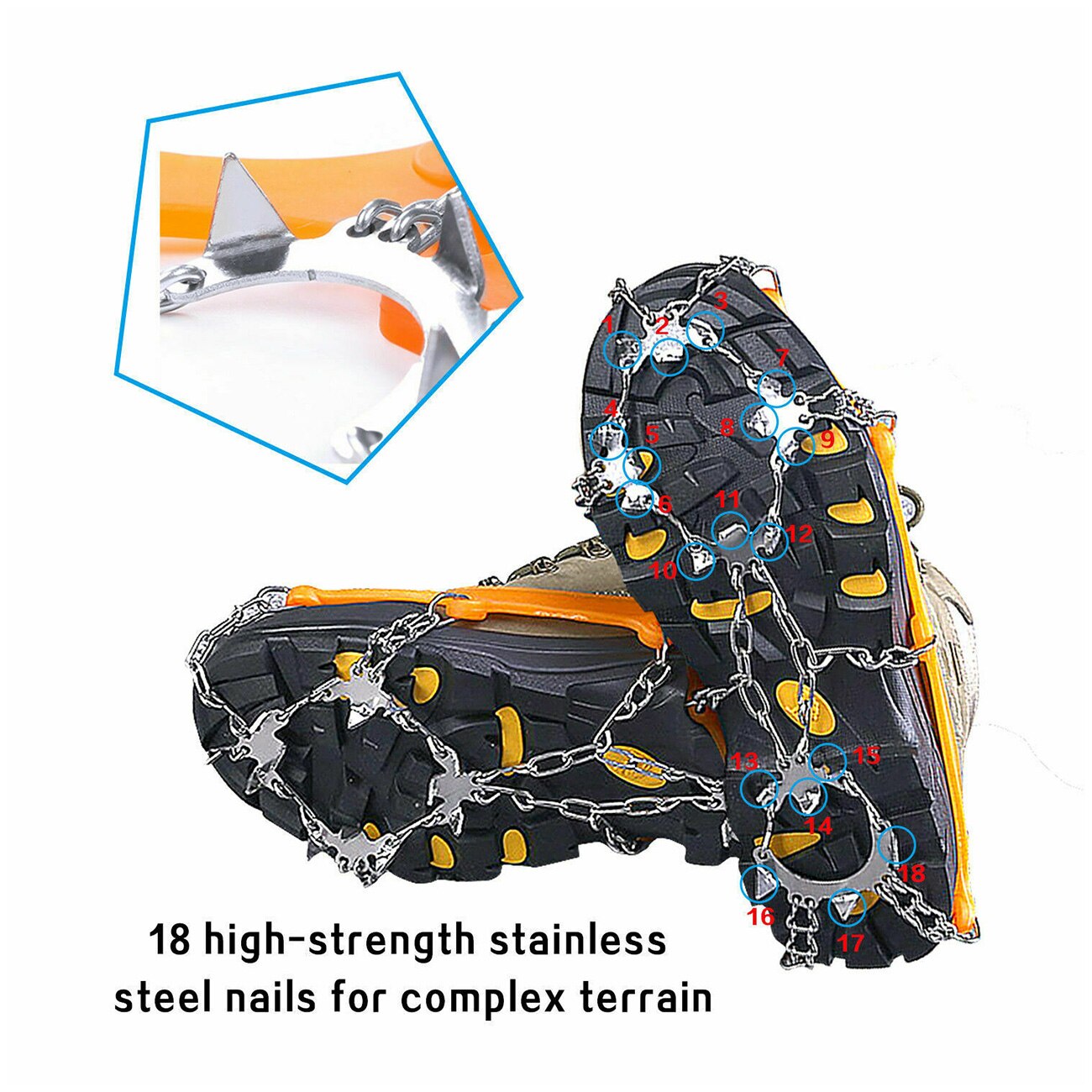 1Pair 18 Teeth Ice Snow Crampons Anti-slip Climbing Gripper Shoe Covers Spike Cleats Snow Skid Shoe Cover Spike Cleats
