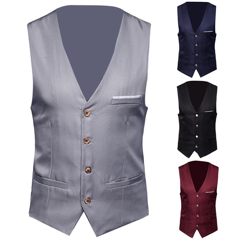 Plus Size Casual Men Business Formal Dresses Slim Vest Solid Color Suit Vest Single Breasted Business Waistcoat