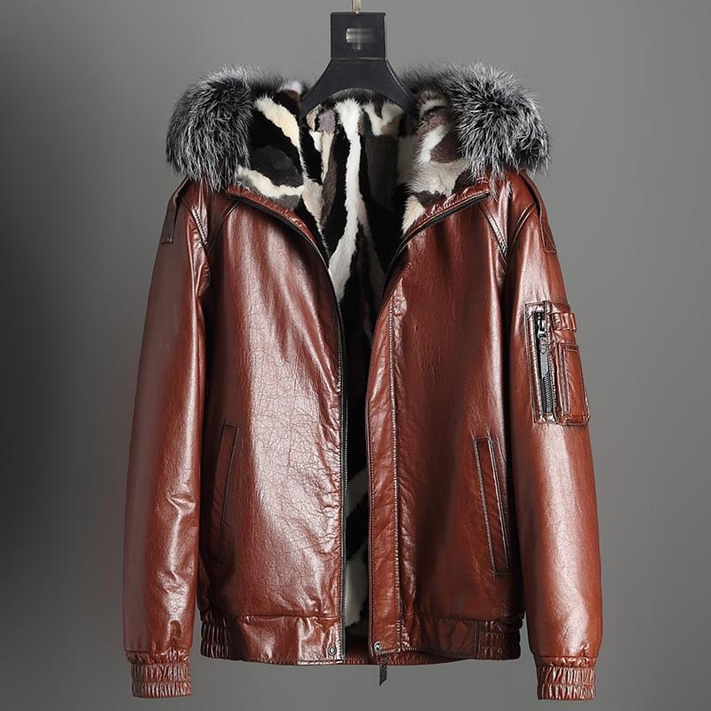 Fashion Mink Fur Liner Parka Mens First Layer Cowhide Leather Coat Male Hooded Shearling Clothes