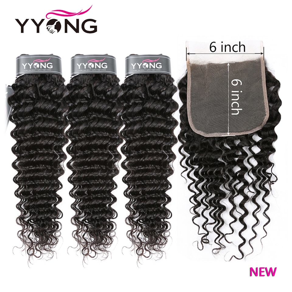 YYong 6X6 Deep Wave Closure With Bundles 14-30inch Brazilian Human Hair Bundles With Lace Closure With Baby Hair Fast Shipping