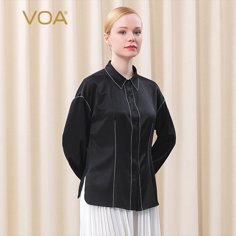 VOA Black Silk Elastic Satin POLO Collar Open Thread Arch Needle Decoration Single-breasted Fashion Joker Shirt Woman BE397