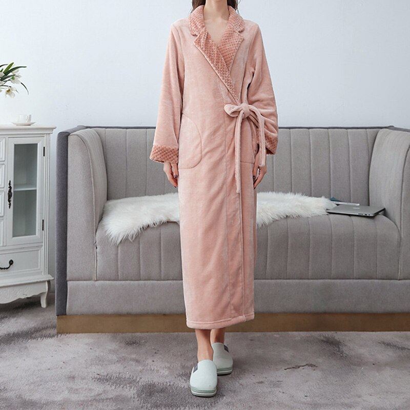 Flannel Lace Up Solid Couple Long Robes Pajamas Pocket Warm Couples Bathrobe Pajama 2021 Autumn Winter Fashion Ladies Sleepwear