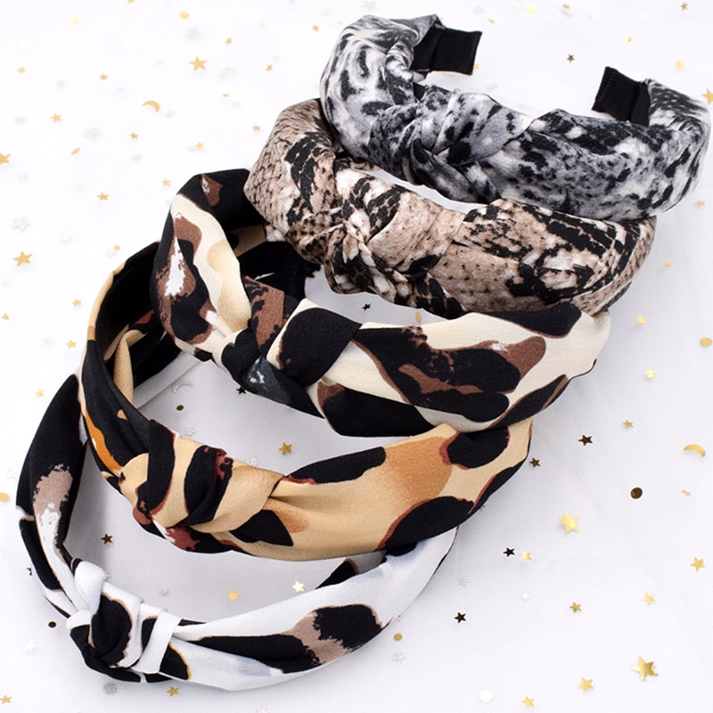 Bohemian Leopard Pattern Satin Headband Snake Animal Print Wide-Sided Cross-Knotted Vintage Women Headband Hair Accessories