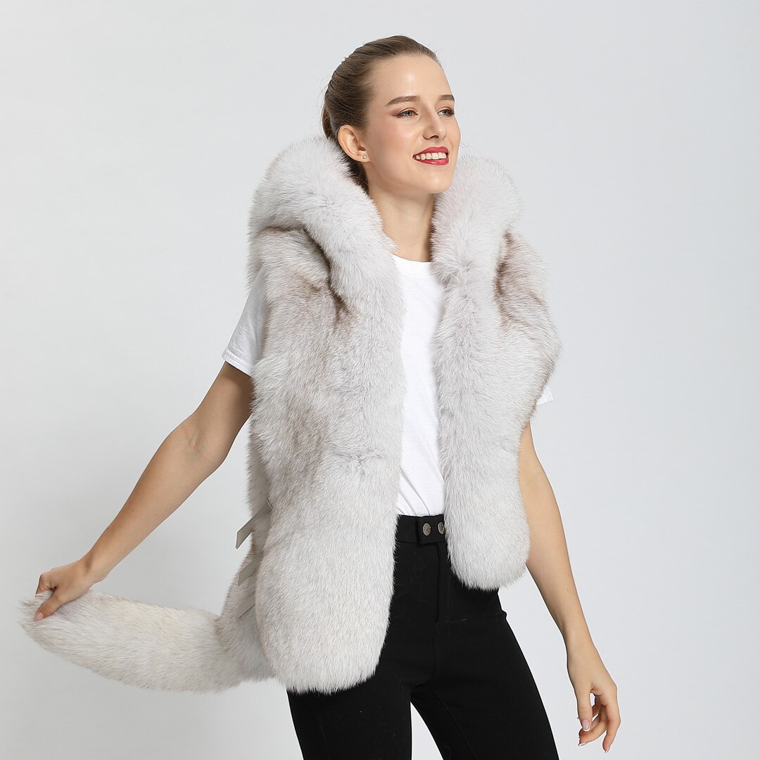 Real Fur Vest Fox Fur Waistcoat With Fox Tail 100% Full Pelt Fashion Woman's Fox Fur Hooded Coat