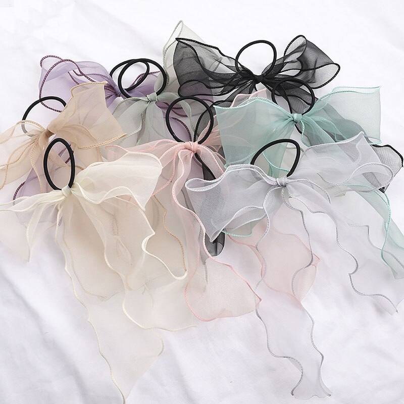 Bow Organza Hair Ribbon Women Solid Color Streamers Hair Scrunchies Bow Knot Soft Gauze Hair Rope Ponytail Holder Wholesale