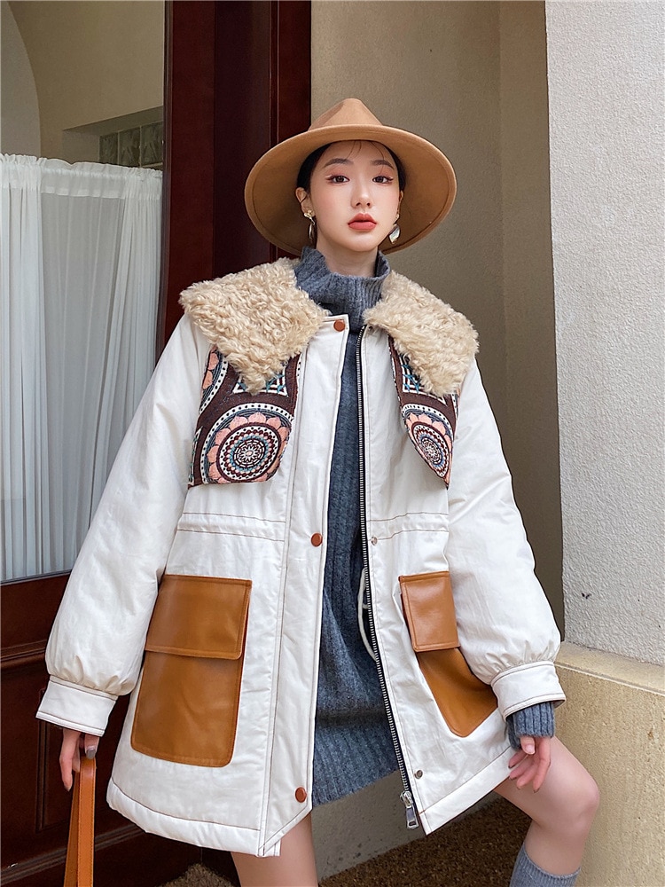 2021 New Winter Outerwear Female Loose Parkas Coat Women Applique Shawl Down Jacket Overcoat Original Design женское пальто