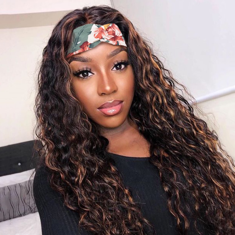 Ali Coco Hightlight Kinky Curl Headband Scarf Wig Glueless Wig for African American Women Affordable Headband Wig