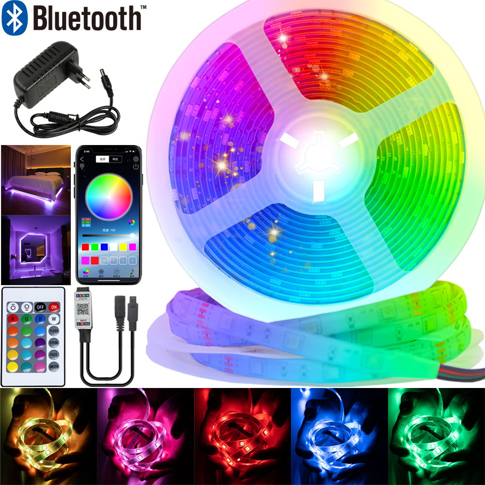 LED Strips Lights Bluetooth Luz Led RGB 5050 SMD 2835 Flexible Waterproof Tape Diode 5M 10M 15M 20M DC12V Remote Control+Adapter