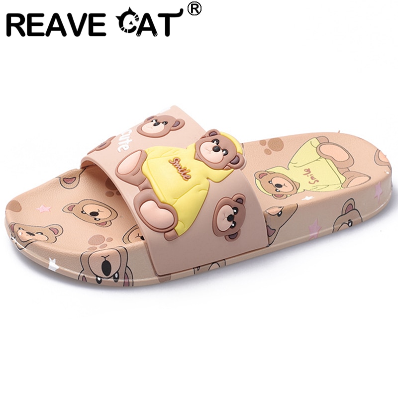 REAVE CAT New 2021 Women Slippers Open Toe 2cm Heels Cute Cartoon Bear Stylish Soft Comfort Non-Slip Bathroom Summer A3769