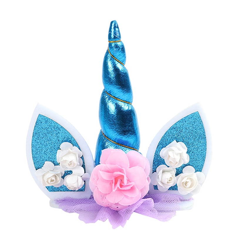 Unicorn Birthday Cake Decor Topper Cute Horn Ears Flower Party Ornament Prop