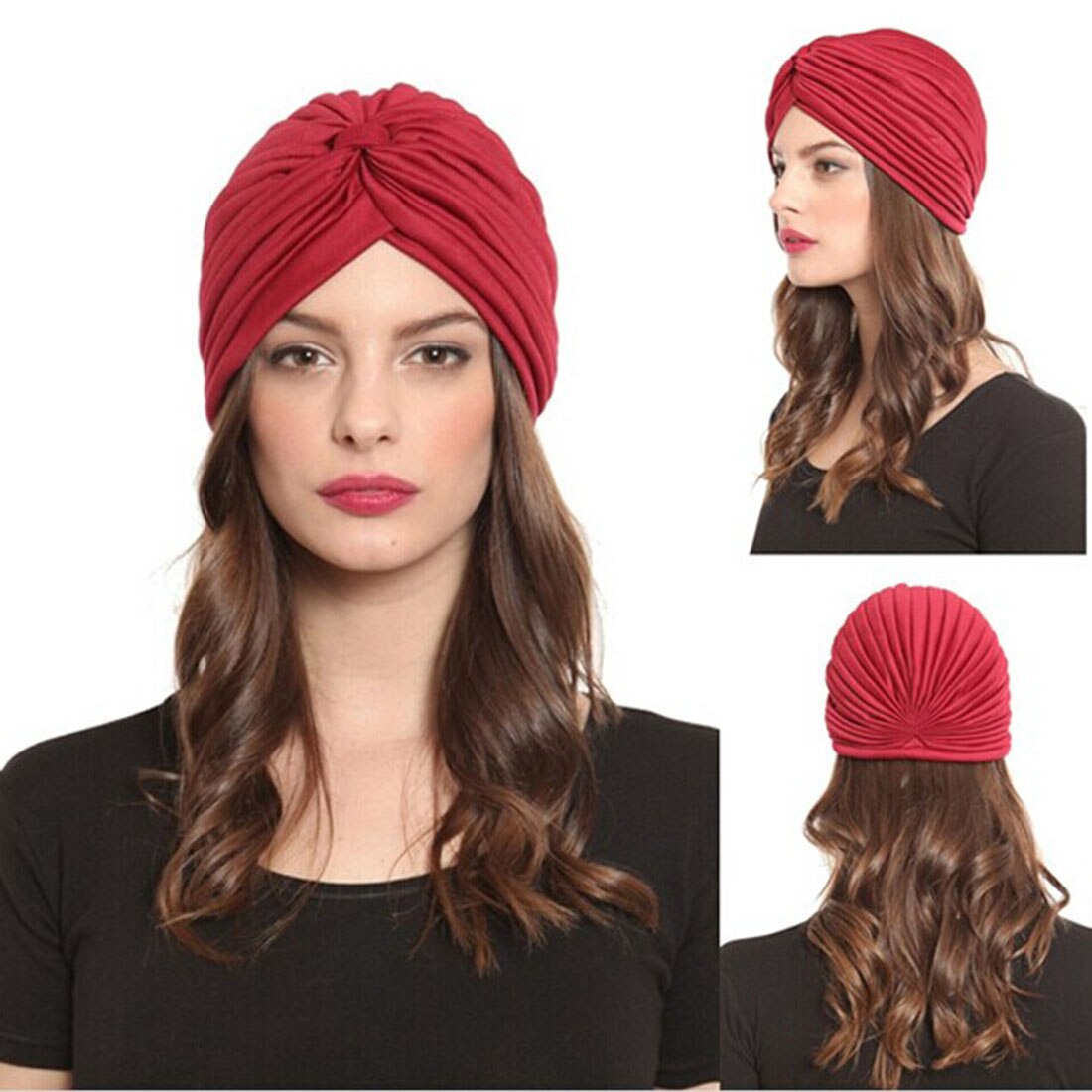 Women Stretchy Turban Muslim Hat Bandanas Girls Solid Color Soft Bandanas Headband Wrap Chemo Hijab Knotted Indian Bandana