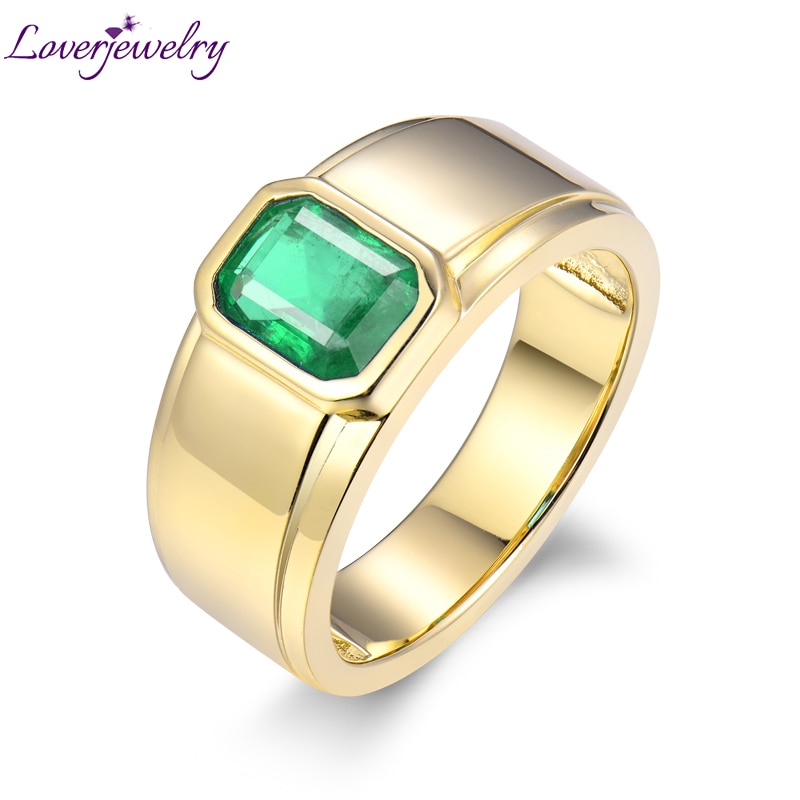 LOVERJEWELRY 9g Real 18Kt Au750 Yellow Gold Zambia Genuine Emerald Rings For Husband Birthday Gift Men Ring Jewelry