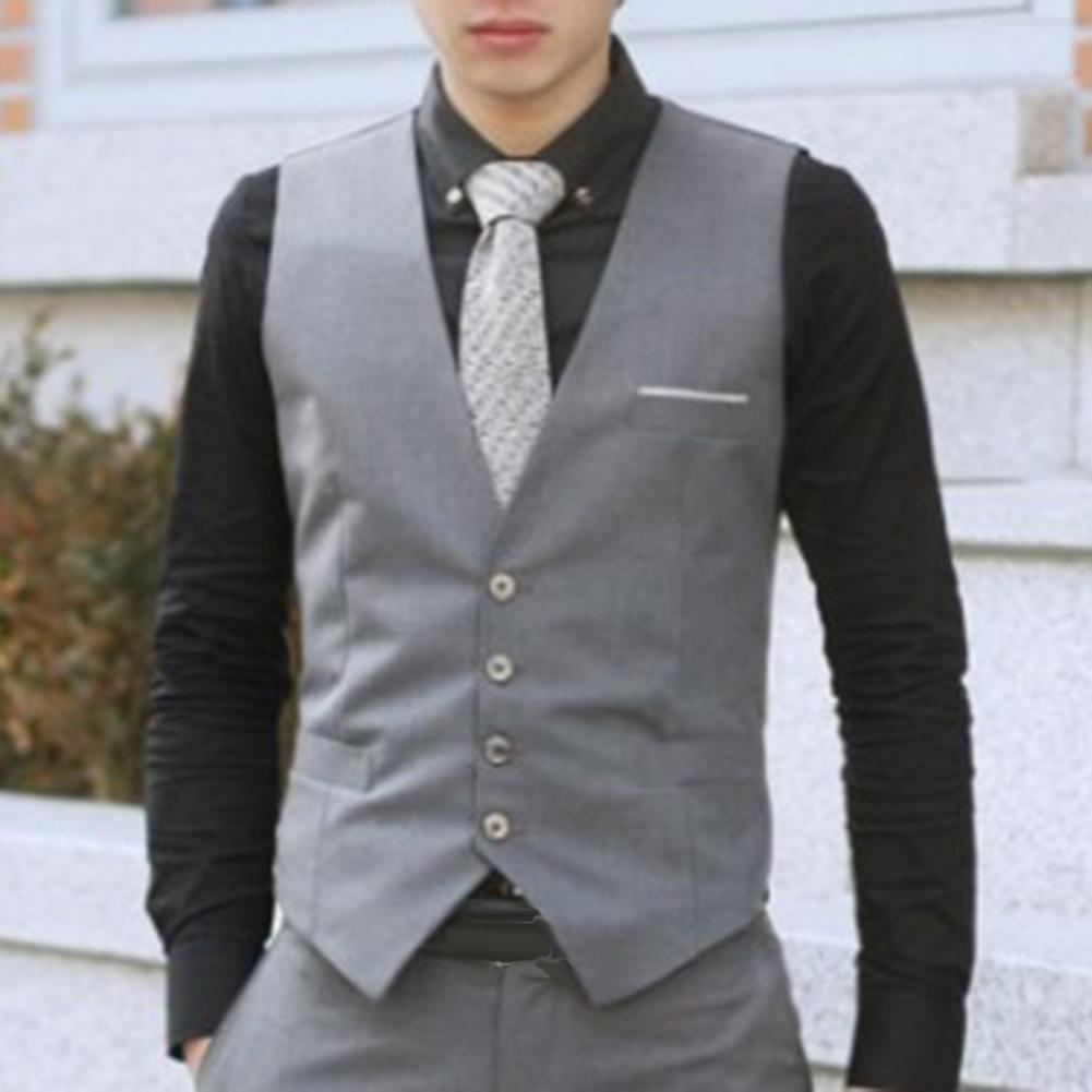 Fashion Office Men Suits Solid Color V Neck Sleeveless Button Waistcoat Slim Vest Men Clothing