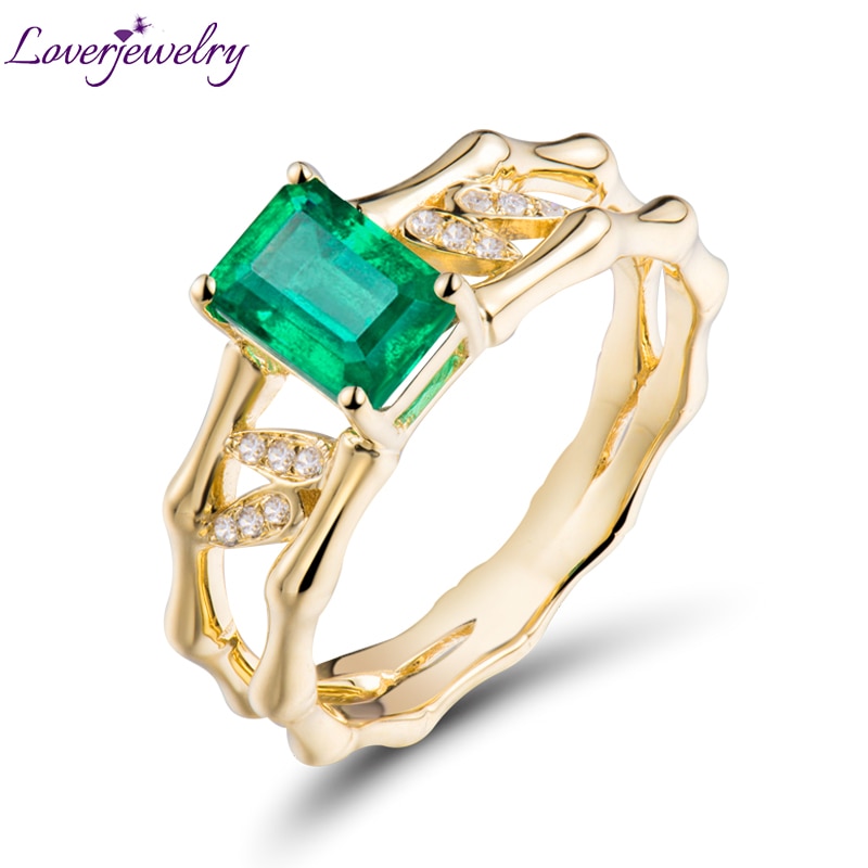 LOVERJEWELRY 18k Gold Green Emerald Ring For Women Bague Diamant Bizuteria Anillos De Pure Emerald Gemstone 18k Yellow Gold Ring