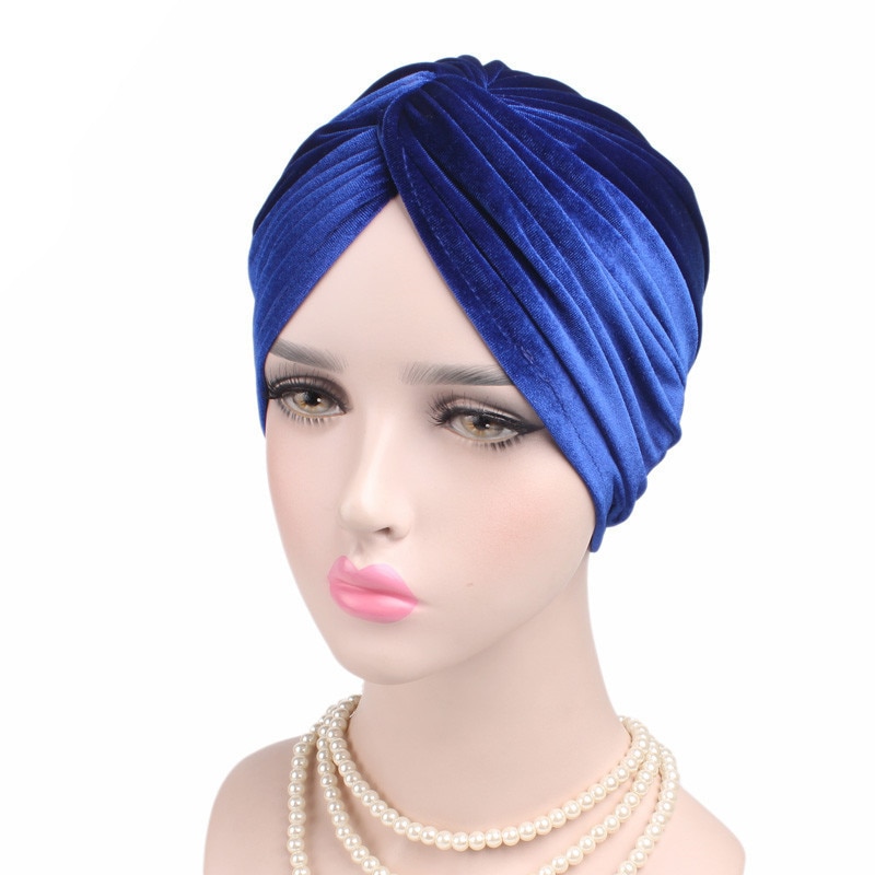 Women Fashion Soft Velvet Stretch Turban Hat Cross Twist Chemo Cap Muslim Solid Color Headscarf Headwrap Hair Accessories