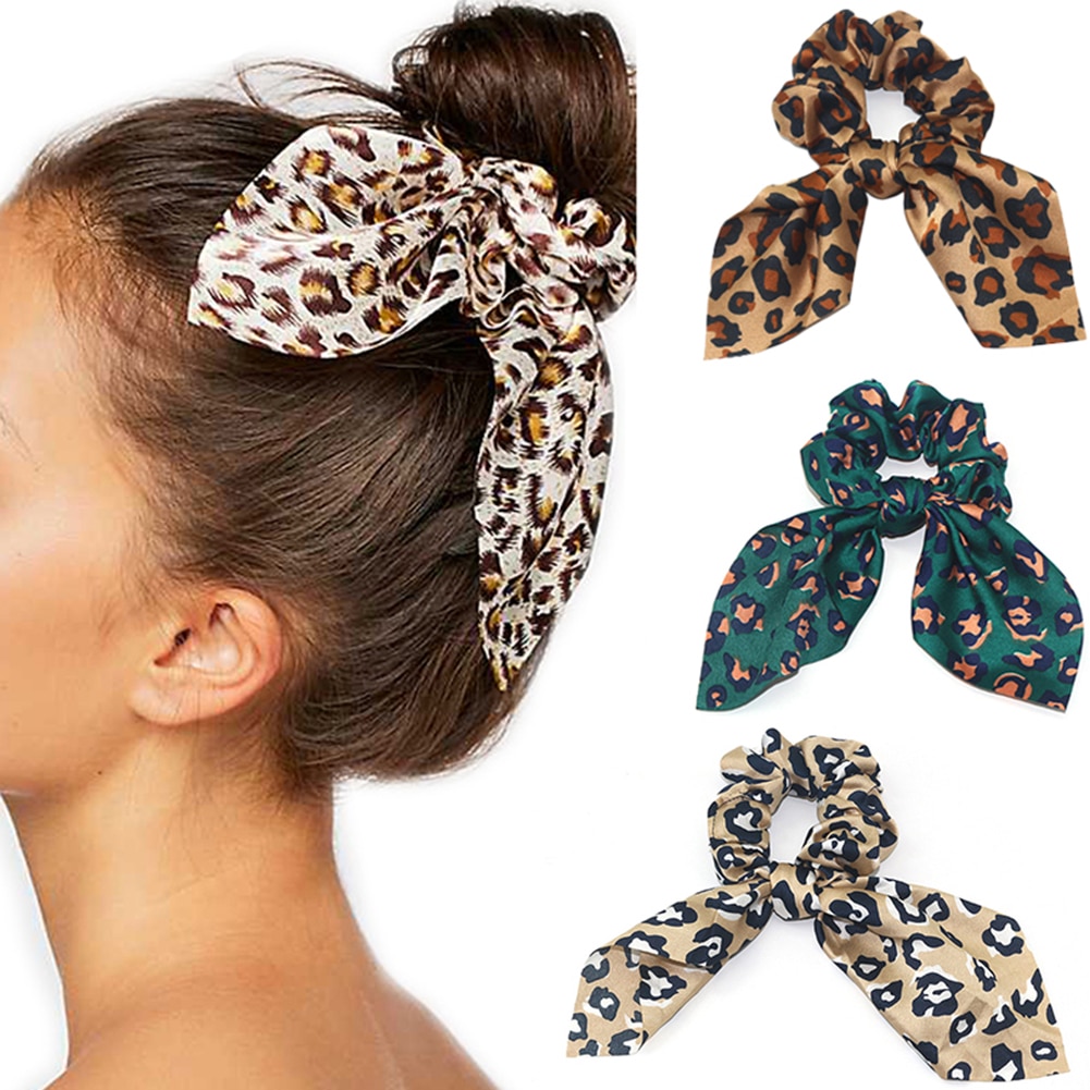 Women Fashion Leopard Rabbit Ears Bow Elastic Hair Tie Scrunchies Elastic Ponytail Holder Vintage Girls Hair Accessories