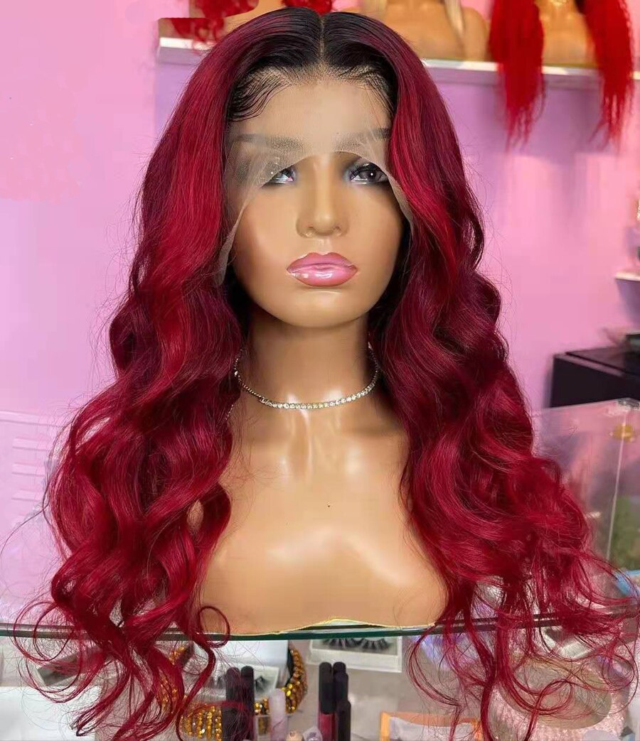 Red Wig Lace Front Colored Human Hair Wigs For Women Human Hair Brazilian Body Wave Wigs Black Roots Red Burgundy Lace Front Wig
