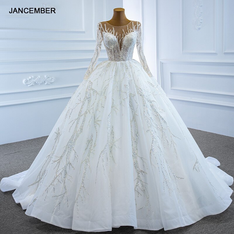 RSM67199 White Applique Print Wedding Bridal Wedding Dress 2021 Metal Sequins Design Long Sleeve Transparent Lace Party Skirt