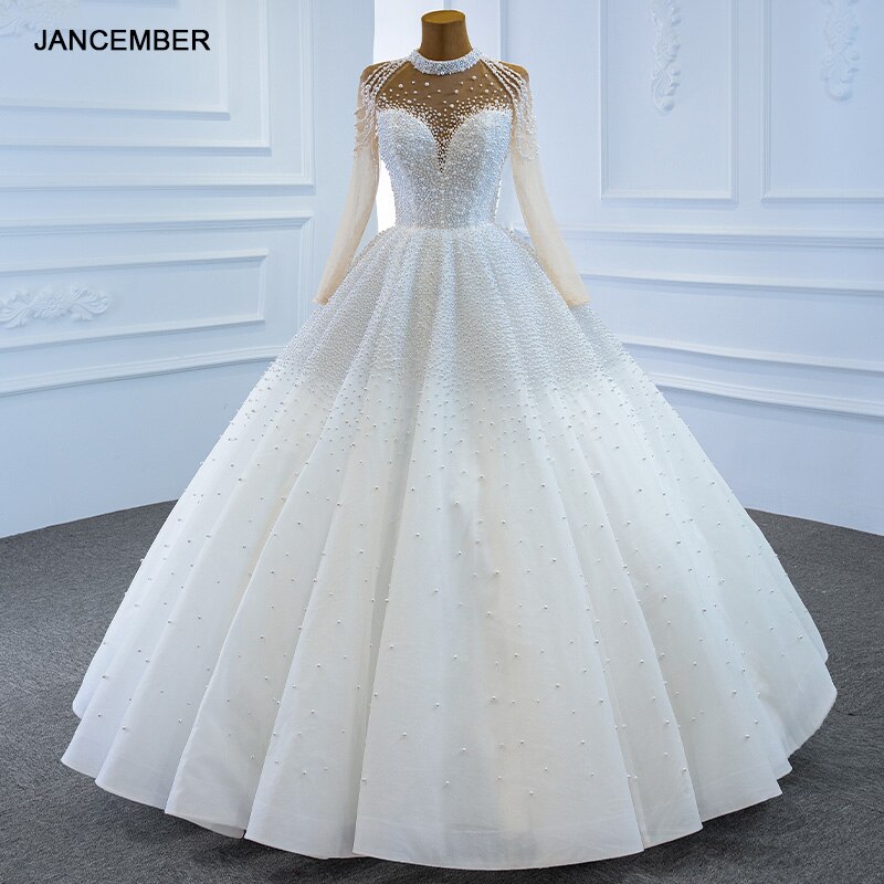 RSM66198 Elegant Simple White Frill Wedding Dress 2021 Beaded Beading Long Sleeve Banquet Event Long Sleeve Skirt