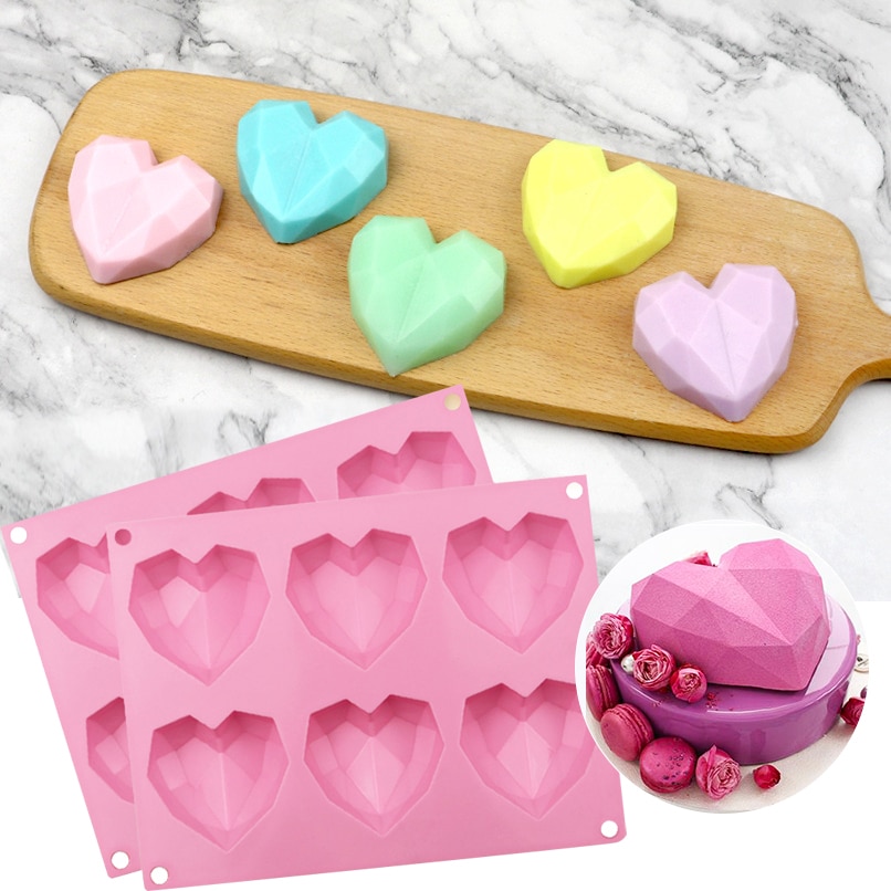 New 3D DIY Diamond Heart Shape Silicone Mold for Baking Cake Chocolate Fondant Soap Candle Molds for Pastry Pudding Jelly 6 Hole