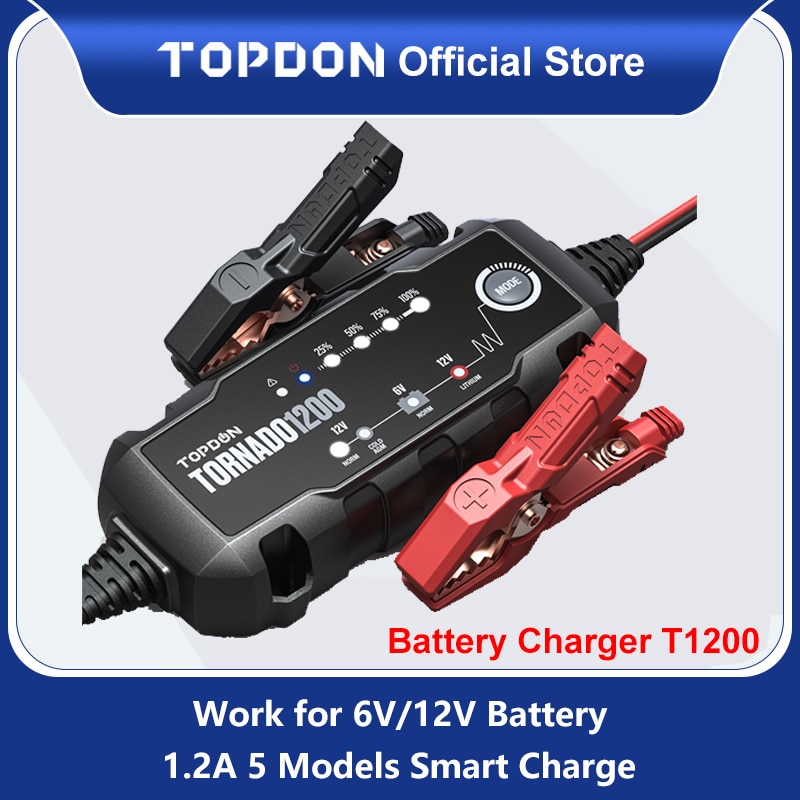 Topdon T1200 Automatic Battery Chargers 6V 12V Car Battery Charger Motorcycle Battery Chargers for Lead Acid Lithium Battery
